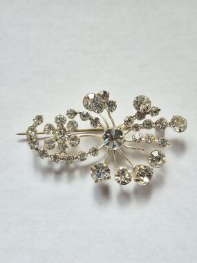 Vintage Austrian Crystal Burst Floral Spray Brooch - Clear Rhinestones